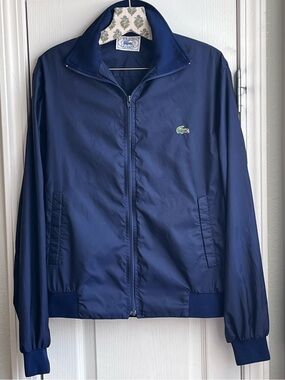 Vintage 80s IZOD Lacoste Nylon Bomber Jacket Green Croc Navy Blue Size Medium